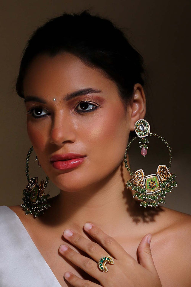 Green And Peach Drop Earring With Kundan And Pearls