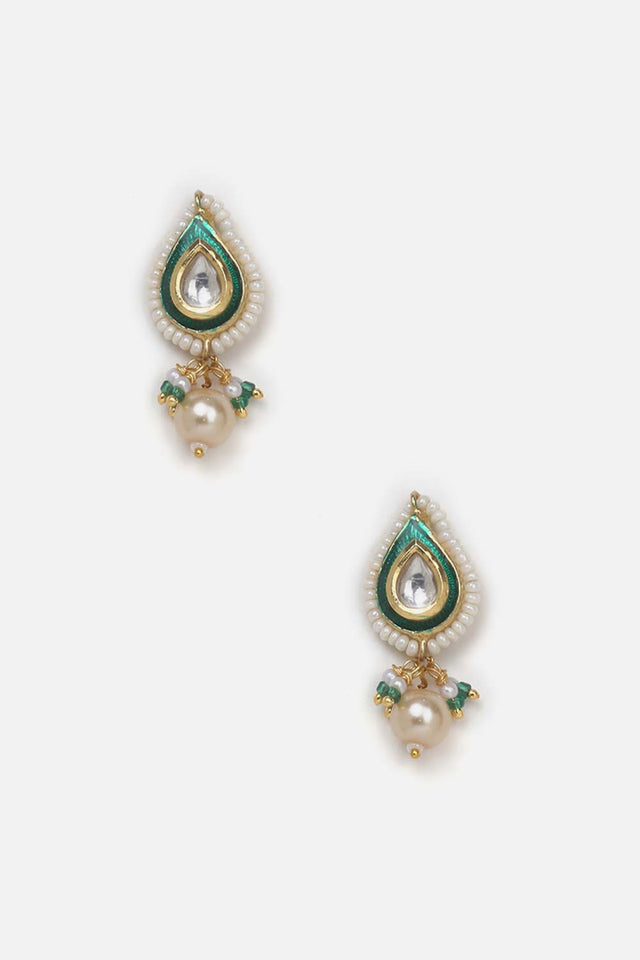 Green And Cream Drop Earring With Kundan And Pearls