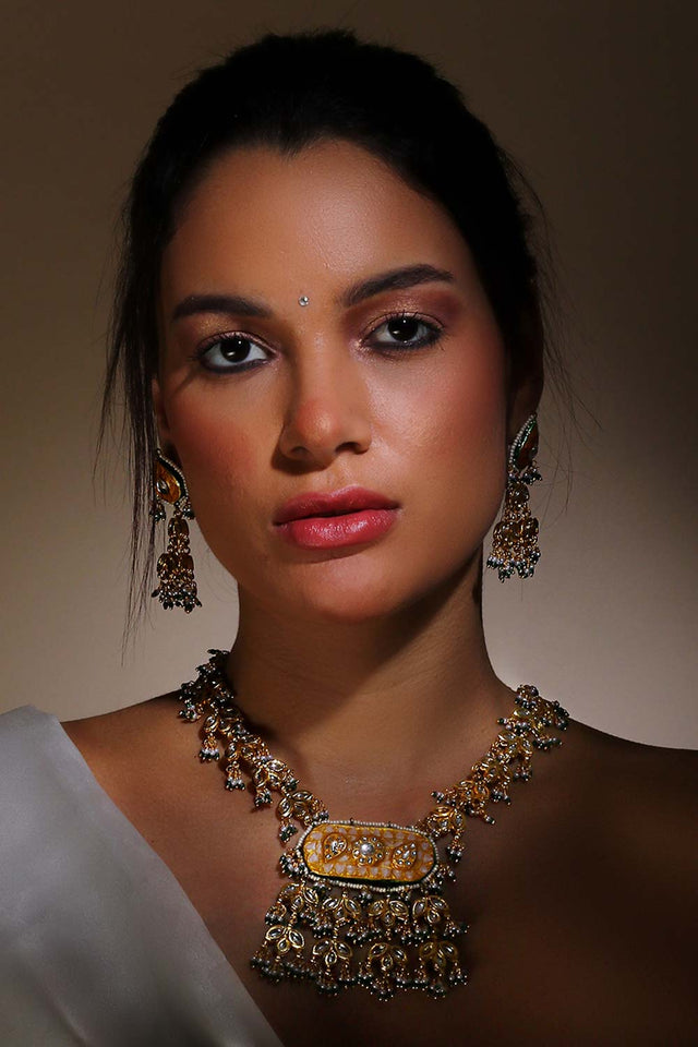 Orange And Green Drop Earring With Kundan And Pearls