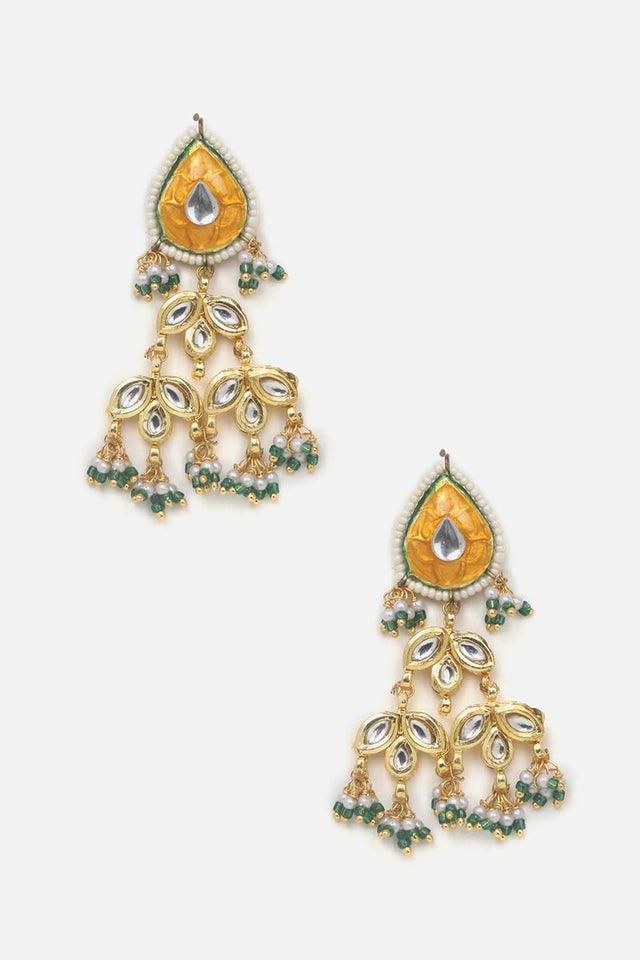 Orange And Green Drop Earring With Kundan And Pearls