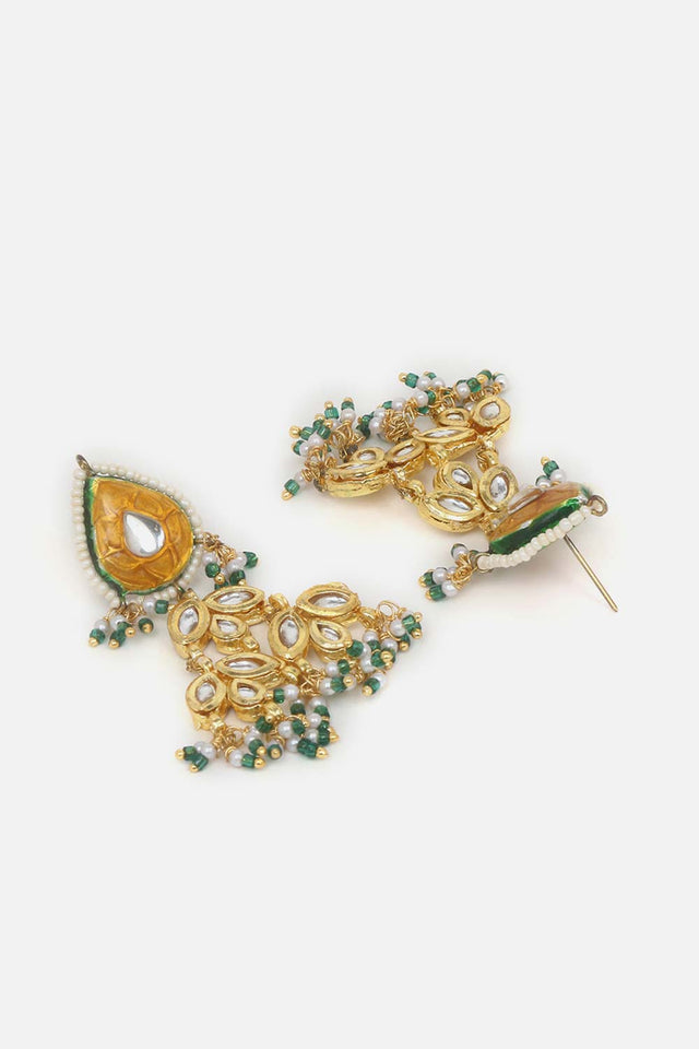 Orange And Green Drop Earring With Kundan And Pearls