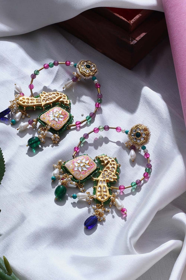 Pink And Cream Drop Earring With Kundan And Pearls