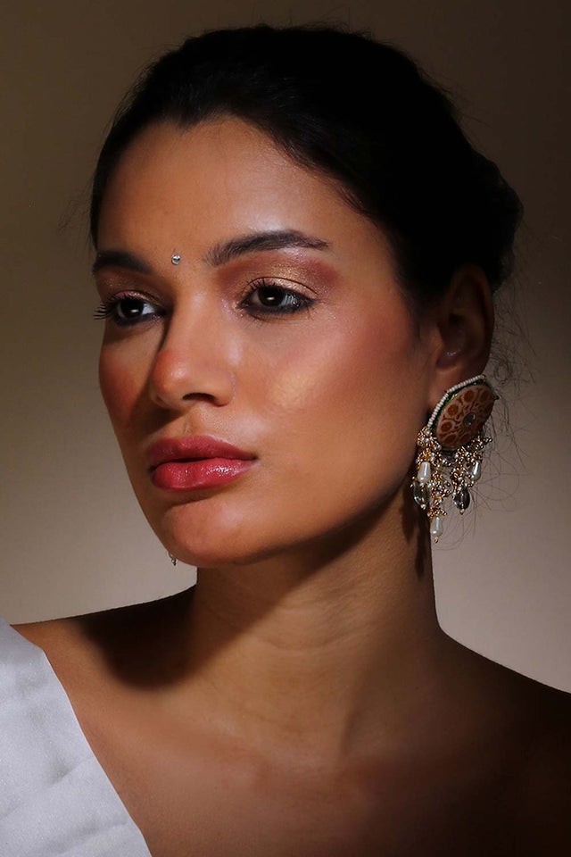 Peach And Yellow Drop Earring With Kundan And Pearls