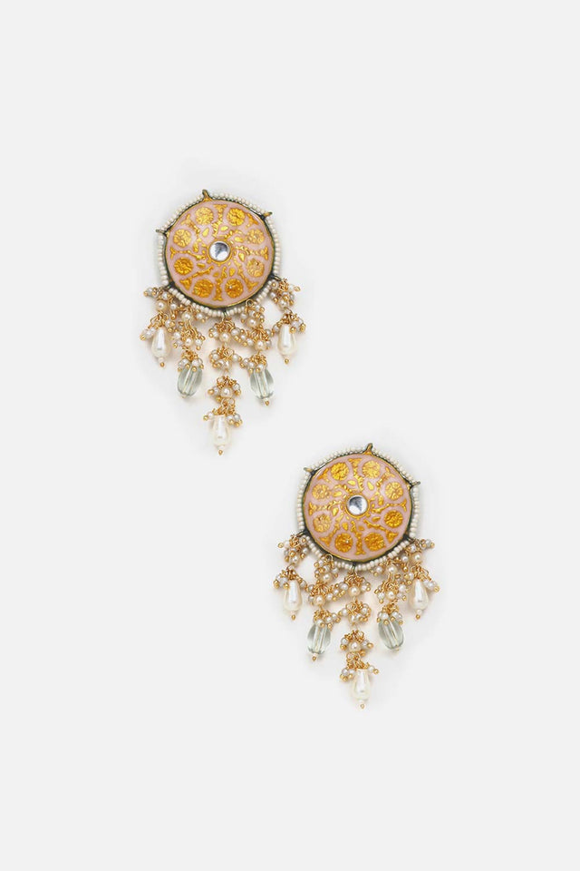 Peach And Yellow Drop Earring With Kundan And Pearls