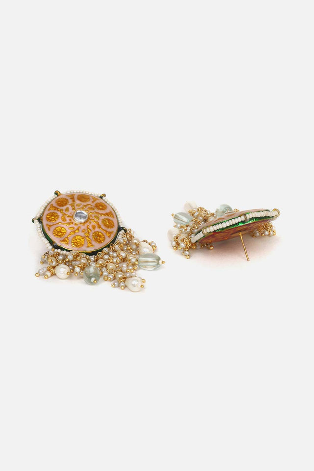 Peach And Yellow Drop Earring With Kundan And Pearls