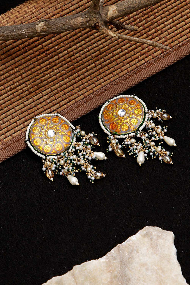 Grey And Yellow Drop Earring With Kundan And Pearls