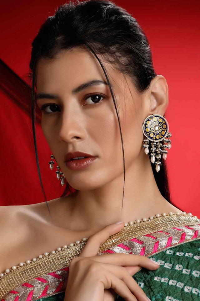 Blue And Yellow Drop Earring With Kundan And Pearls