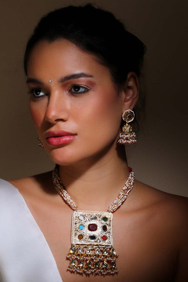 Red And Cream Jhumkas Earring With Kundan And American Diamonds