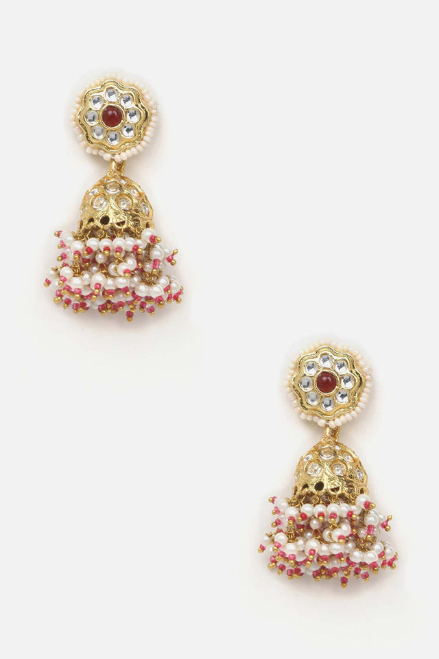 Red And Cream Jhumkas Earring With Kundan And American Diamonds