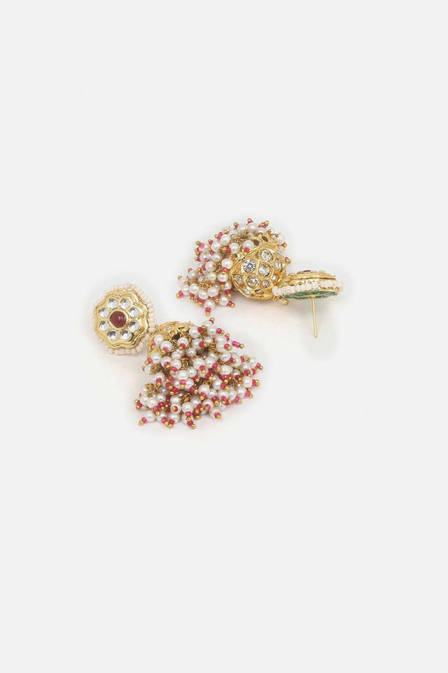 Red And Cream Jhumkas Earring With Kundan And American Diamonds