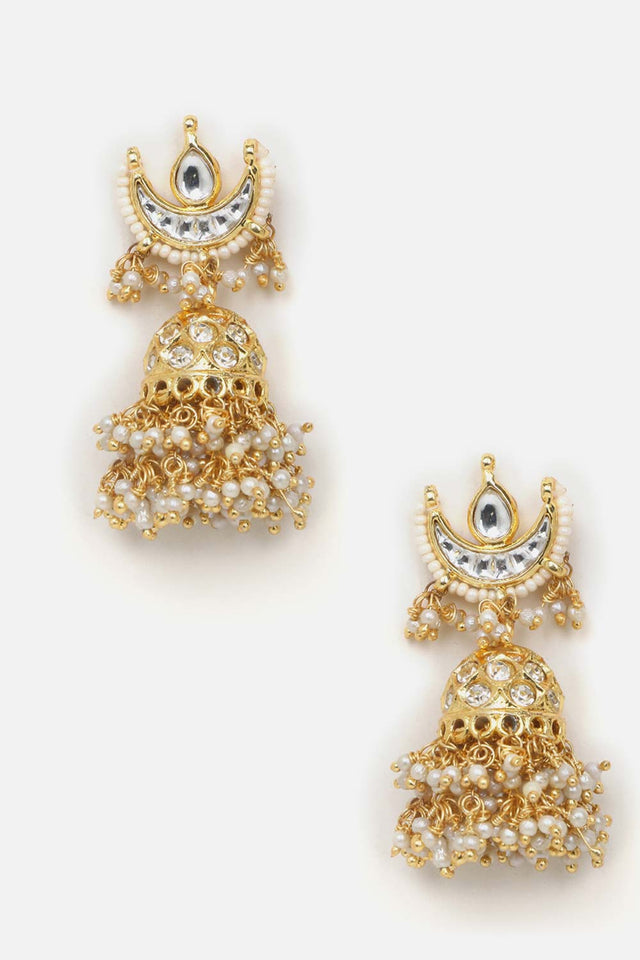 Cream And Gold Jhumkas Earring With Kundan And American Diamonds