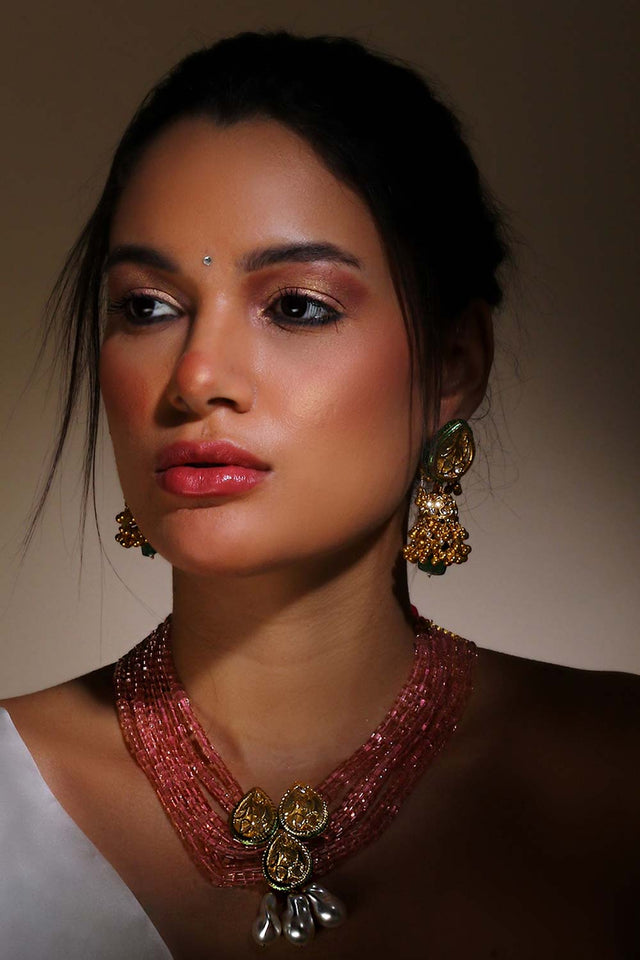 Green And Cream Jhumkas Earring With Kundan And American Diamonds