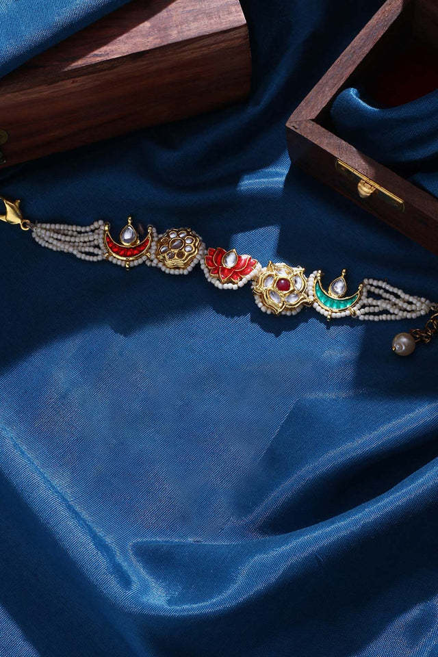 Red And Pink Adjustable Bracelet With Kundan And Pearls