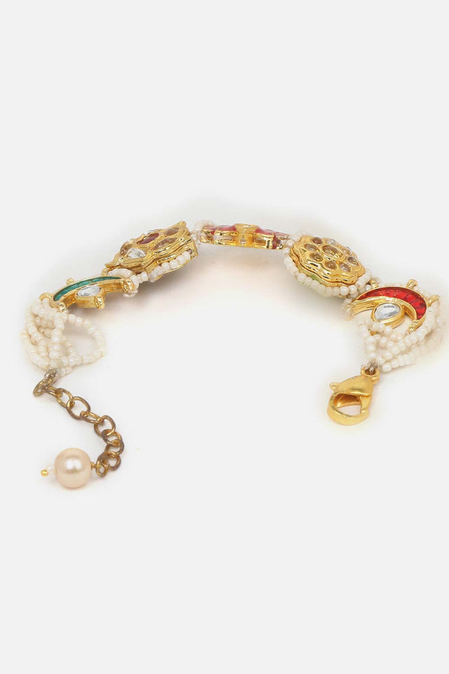 Red And Pink Adjustable Bracelet With Kundan And Pearls