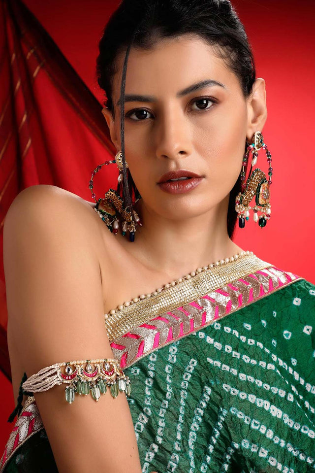 Red And Green Adjustable Bajuband With Kundan And Pearls