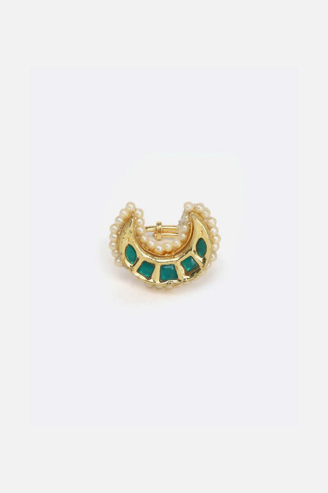 Green Gold And Cream Adjustable Ring With Kundan And Pearls