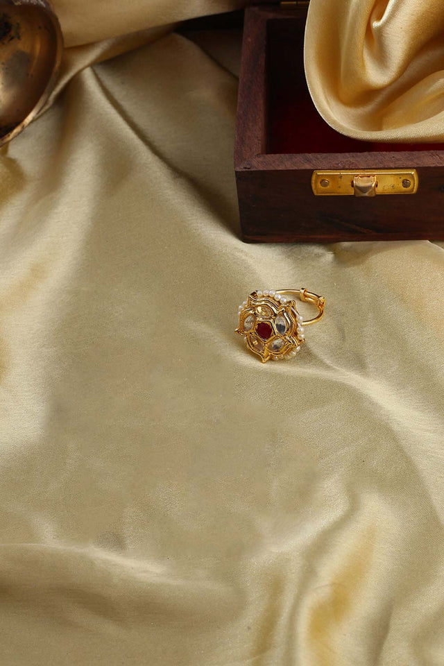 Red And Cream Adjustable Ring With Kundan And Pearls (DGH1R124012)