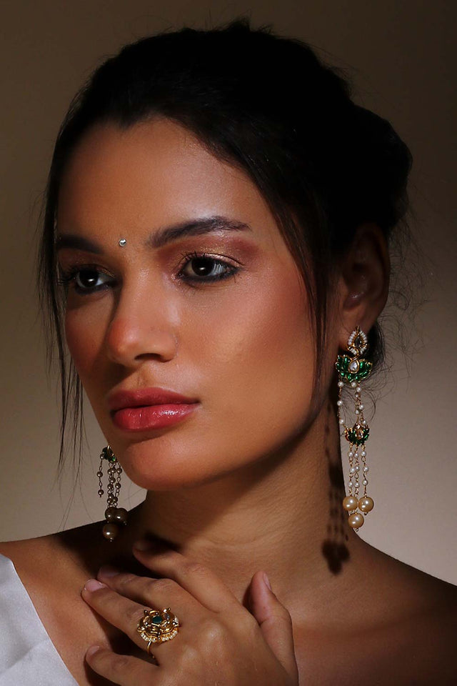 Green And Cream Adjustable Ring With Kundan And Pearls