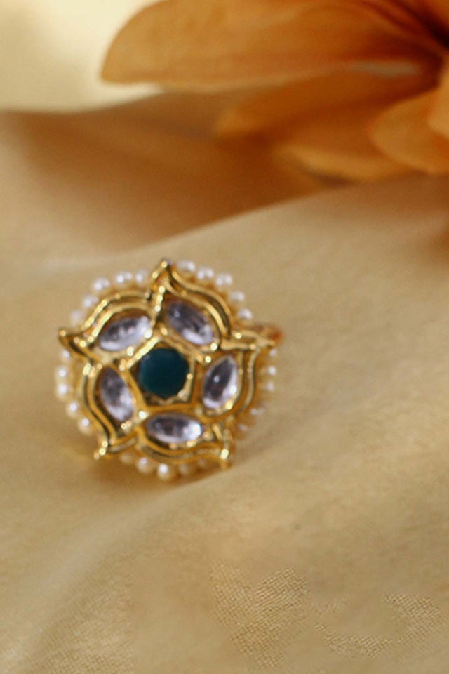 Green And Cream Adjustable Ring With Kundan And Pearls