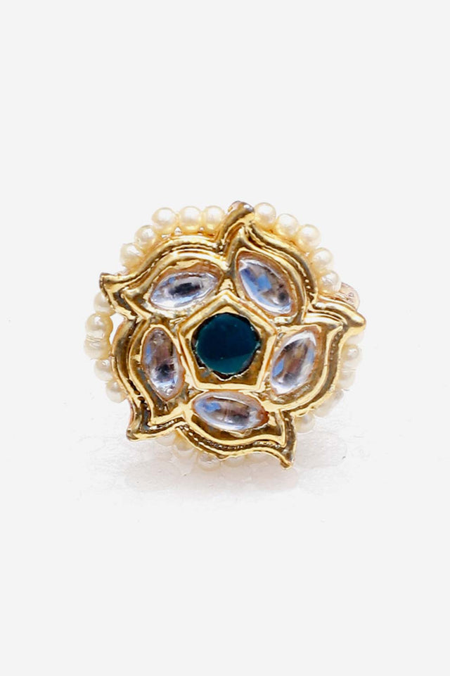 Green And Cream Adjustable Ring With Kundan And Pearls