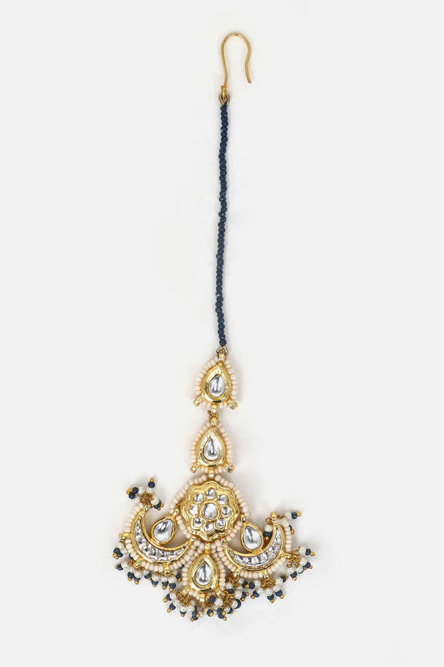 Blue And Cream Maang Tikka Head Jeweler With Kundan And Pearls