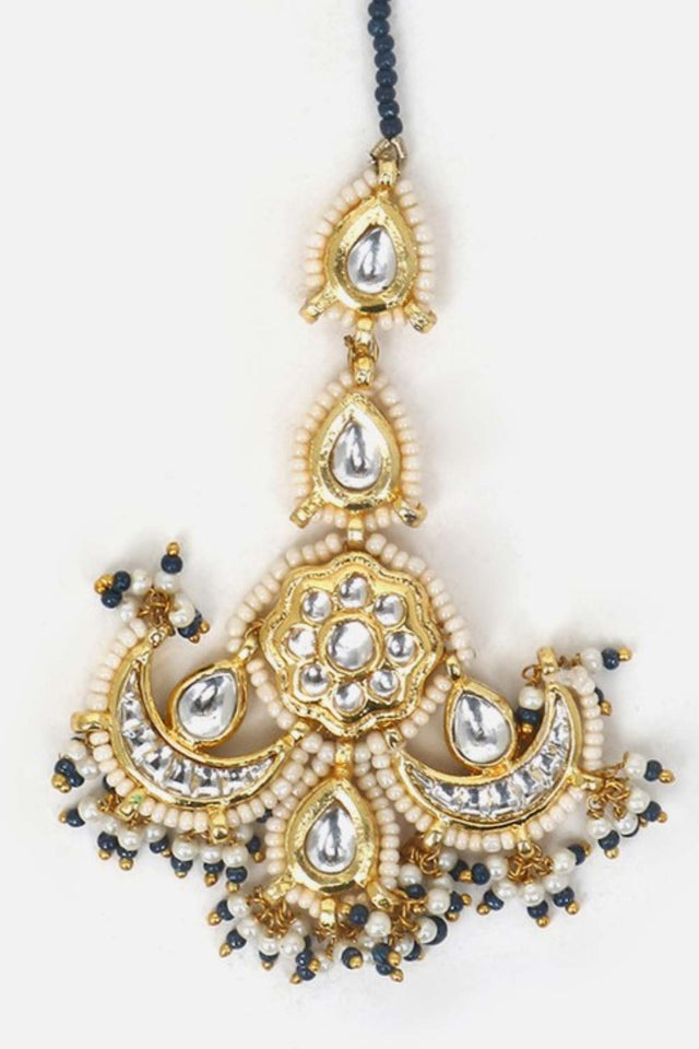 Blue And Cream Maang Tikka Head Jeweler With Kundan And Pearls