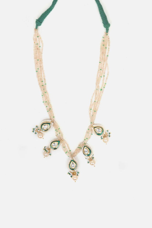 Green And Cream Haar Necklace With Kundan And Pearls