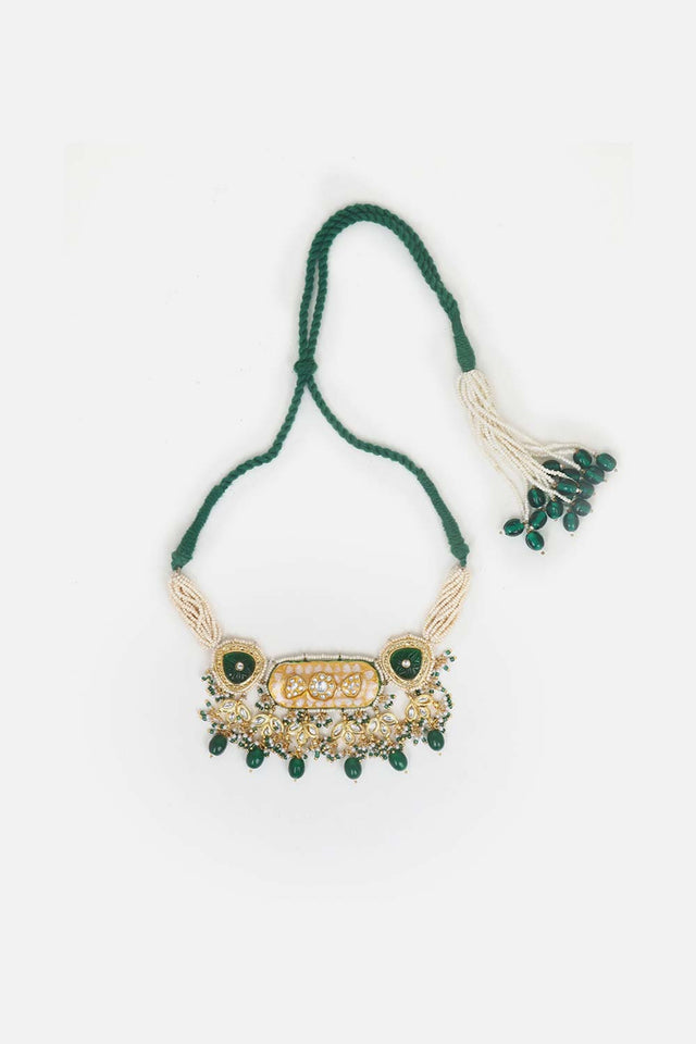 Green And Peach Haar Necklace With Kundan And Pearls