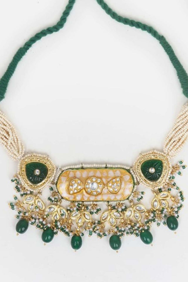 Green And Peach Haar Necklace With Kundan And Pearls