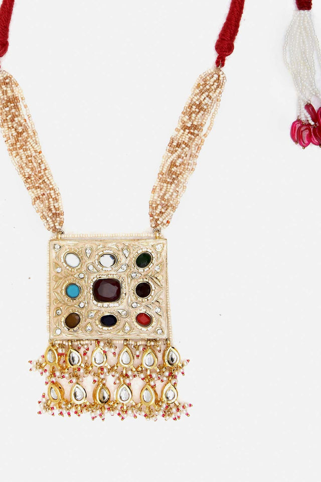 Peach And Green Haar Necklace Kundan And Pearls