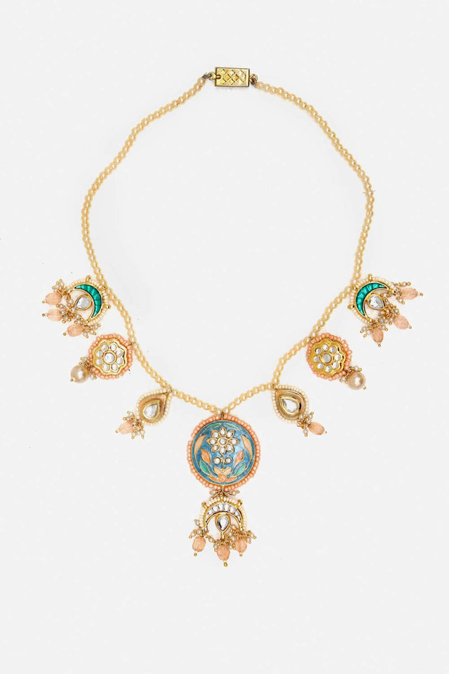 Blue And Orange Haar Necklace Kundan And American Diamonds
