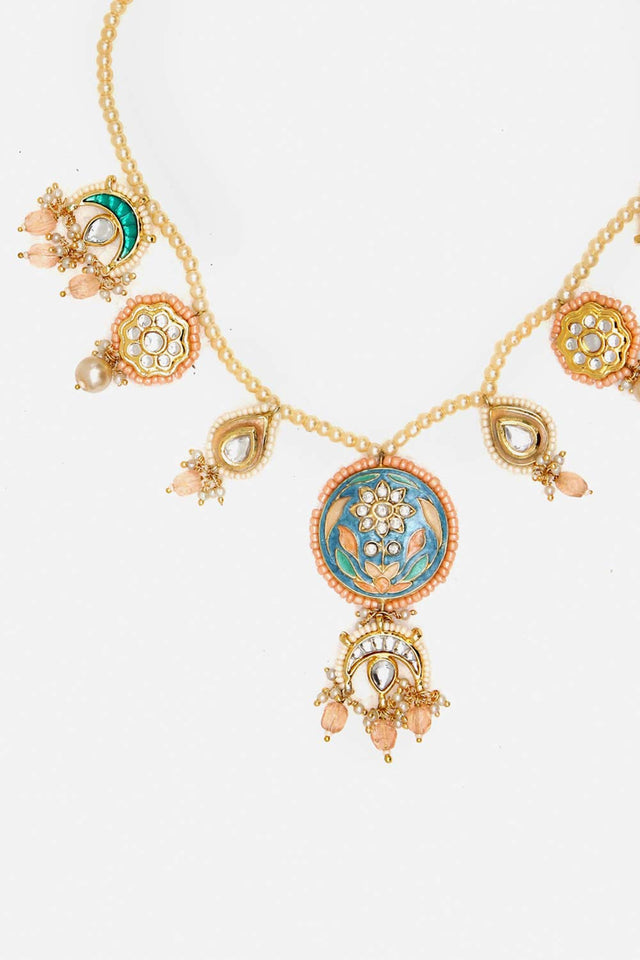 Blue And Orange Haar Necklace Kundan And American Diamonds