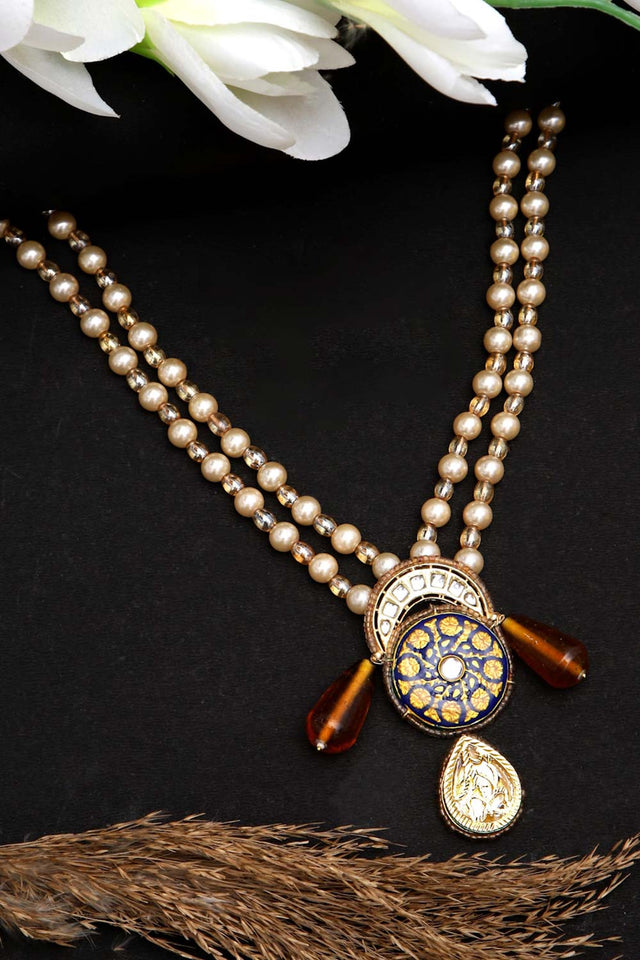 Blue And Brown Haar Necklace Kundan And Pearls (DGNH24033)