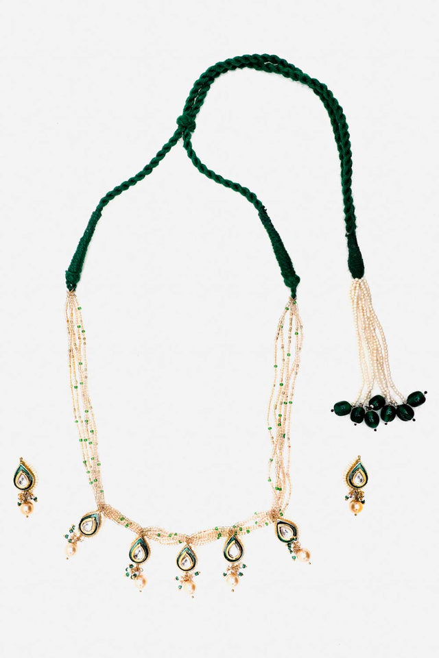 Green, Peach And Gold Necklace With Earring Jeweler Set Kundan And Pearls
