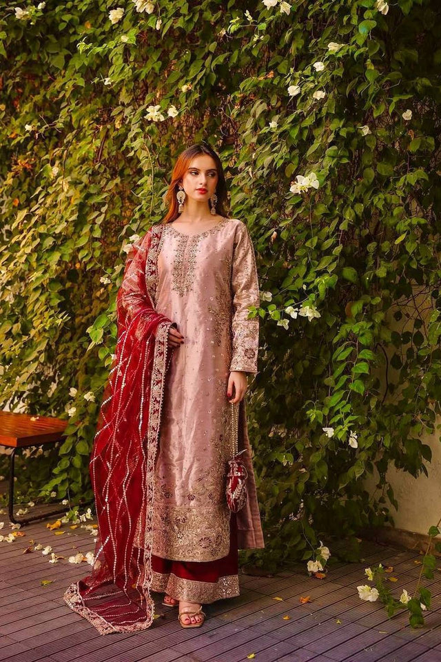 Peach Sequin with Embroidered Silk Pakistani Suits