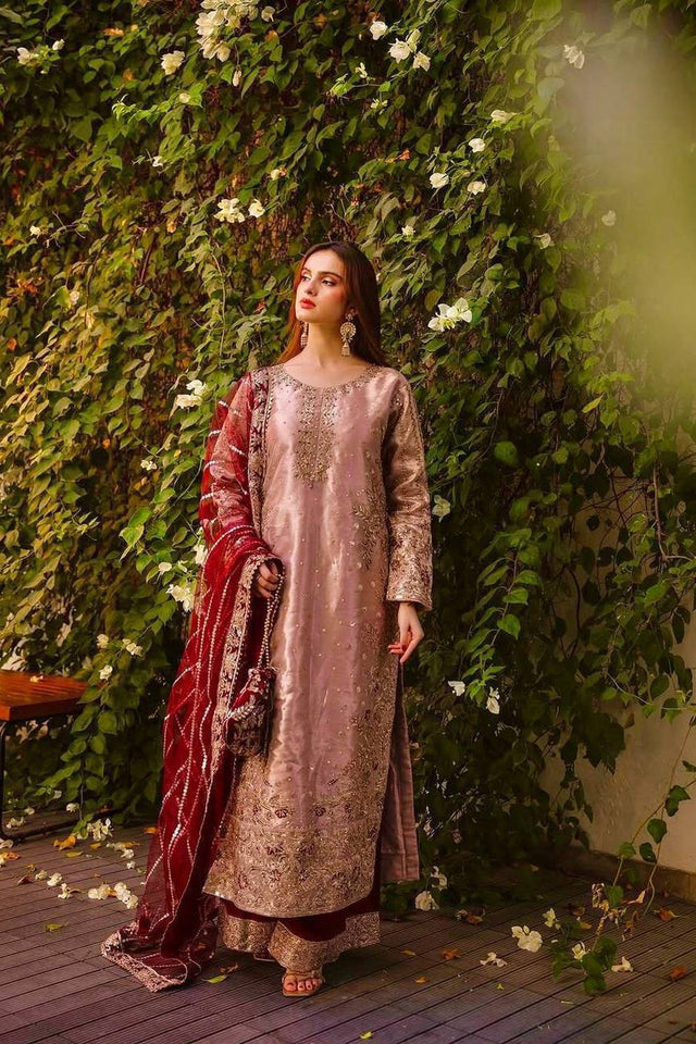 Peach Sequin with Embroidered Silk Pakistani Suits