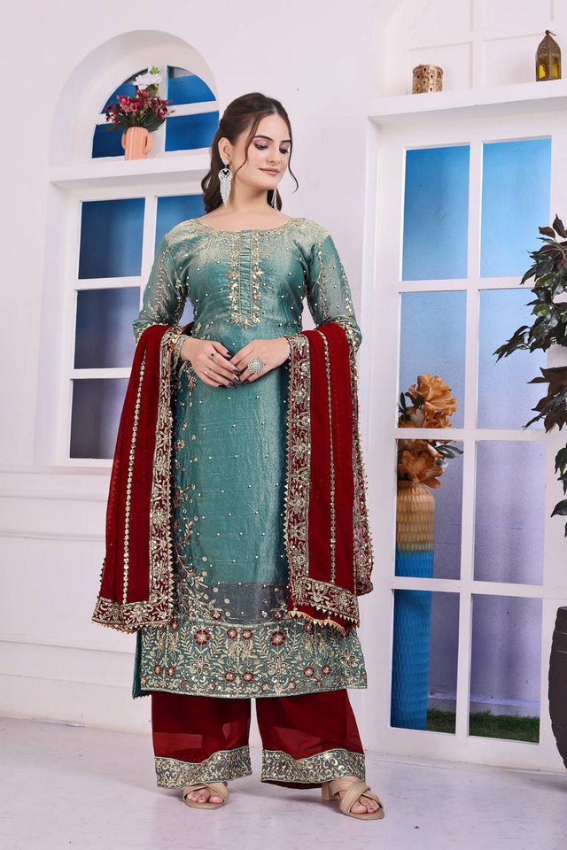 Blue Sequin with Embroidered Silk Pakistani Suits