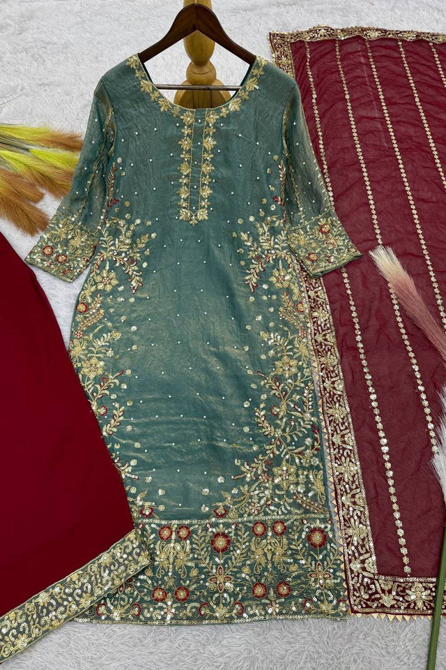 Blue Sequin with Embroidered Silk Pakistani Suits