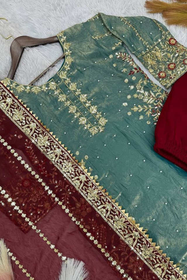 Blue Sequin with Embroidered Silk Pakistani Suits