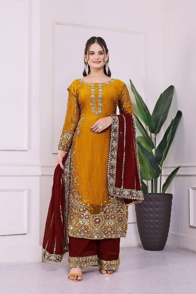 Yellow Sequin with Embroidered Silk Pakistani Suits