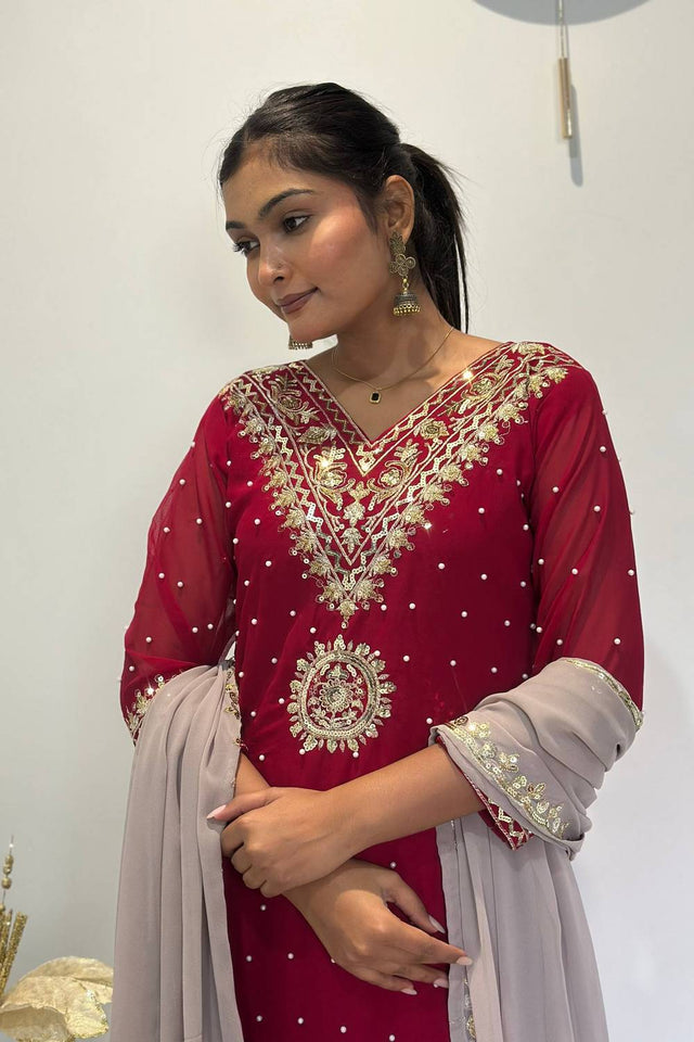 Maroon Sequin with Embroidered Georgette Straight Cut Suits