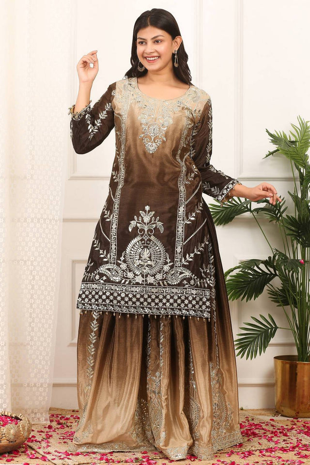 Brown Sequin with Embroidered Silk Sharara Suits
