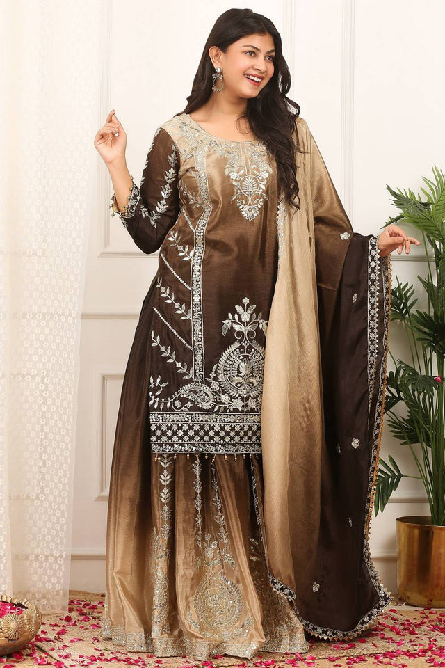 Brown Sequin with Embroidered Silk Sharara Suits