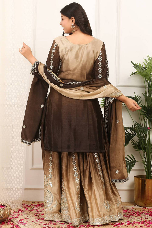 Brown Sequin with Embroidered Silk Sharara Suits