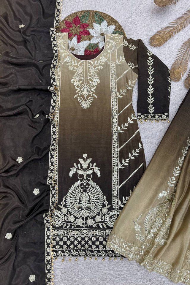 Brown Sequin with Embroidered Silk Sharara Suits