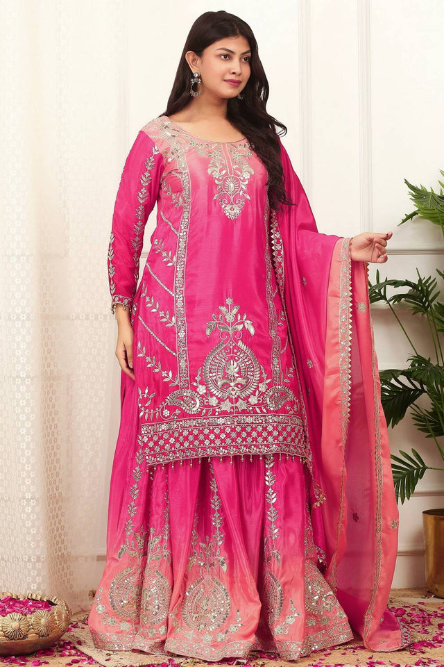 Pink Sequin with Embroidered Silk Sharara Suits