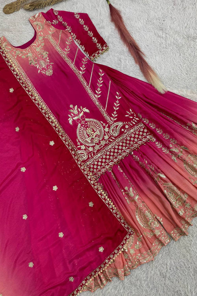 Pink Sequin with Embroidered Silk Sharara Suits