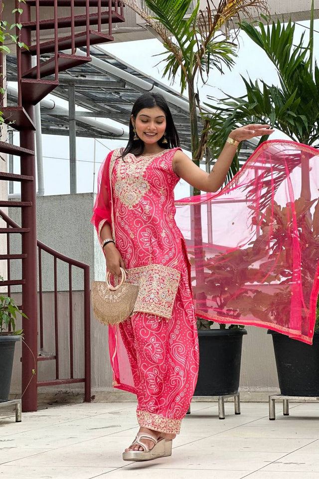 Pink Sequin with Embroidered Silk Kurti Pant Set