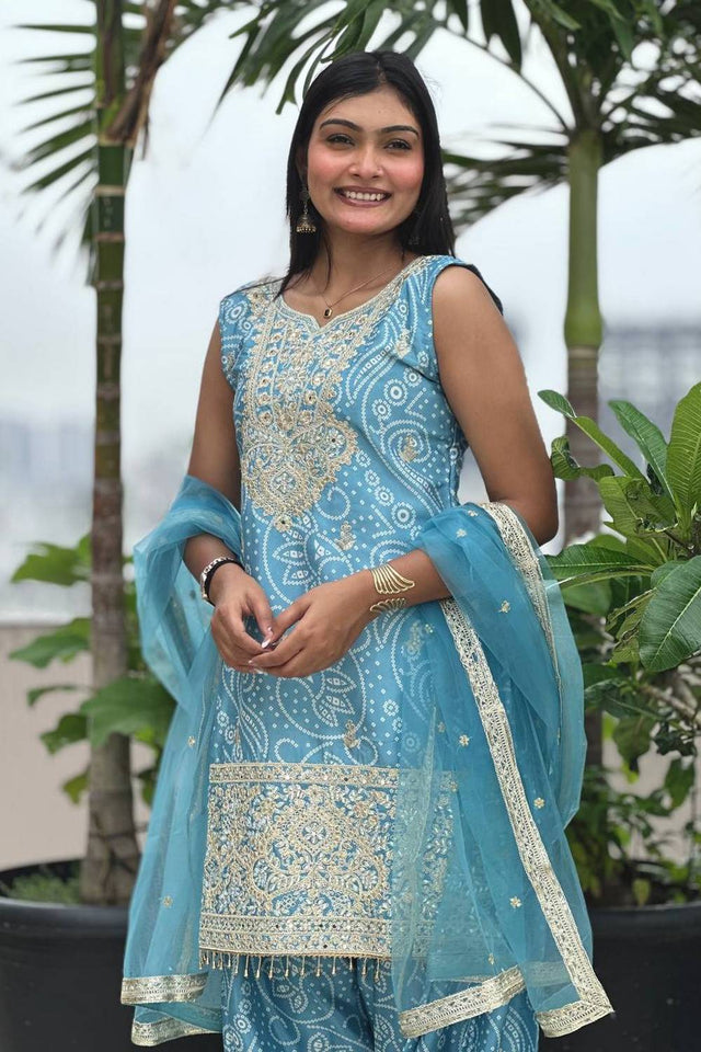 Blue Sequin with Embroidered Silk Kurti Pant Set