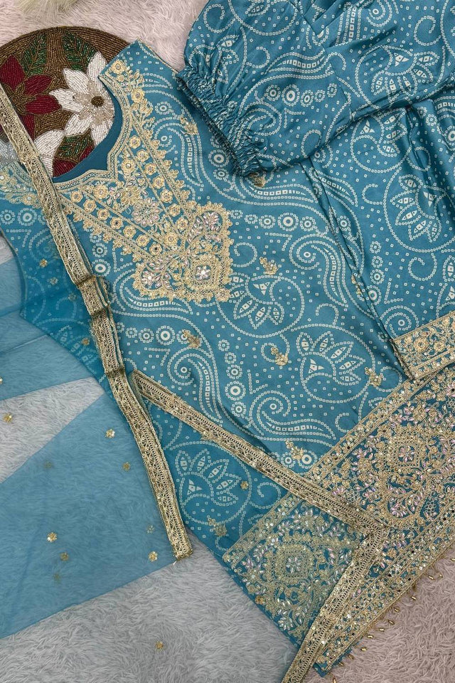 Blue Sequin with Embroidered Silk Kurti Pant Set